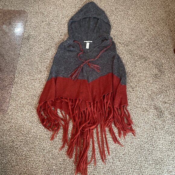 One Size H&M gray burnt orange alpaca-blend hooded poncho - Picture 4 of 10